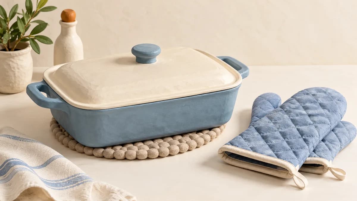 Illustration: A covered blue baking dish on a trivet beside quilted oven mitts.