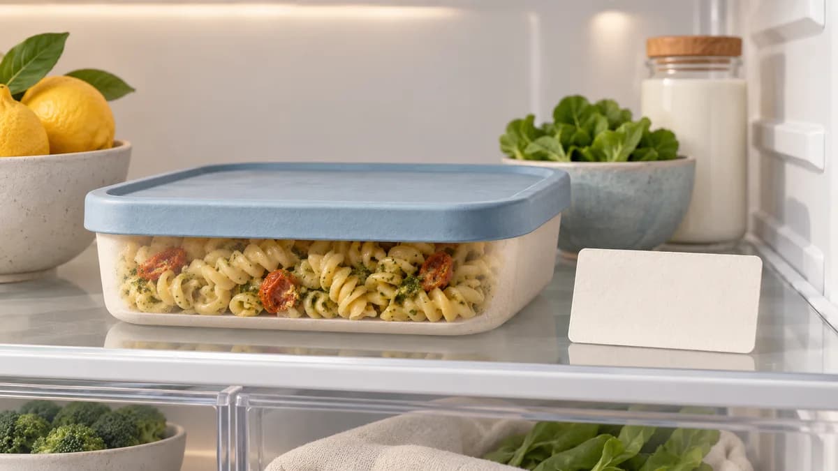 Illustration: A closed shallow container of pasta on a refrigerator shelf beside a blank date card.