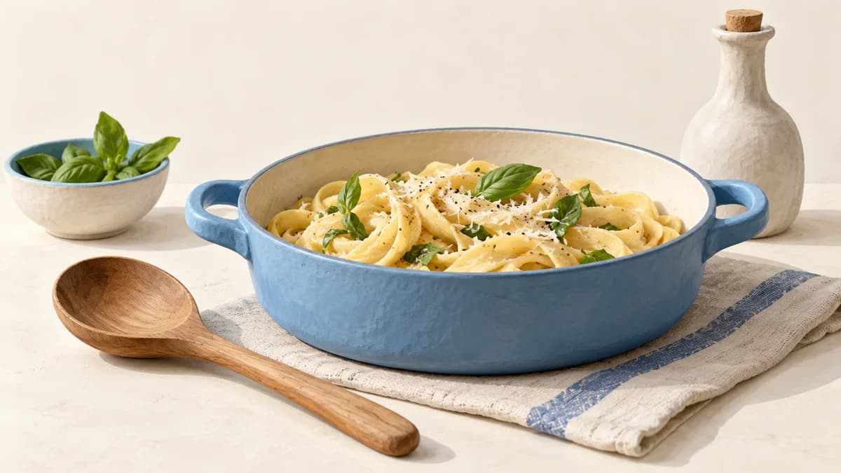 Illustration: Pasta in a shallow blue pan beside a wooden spoon and bowl of greens.