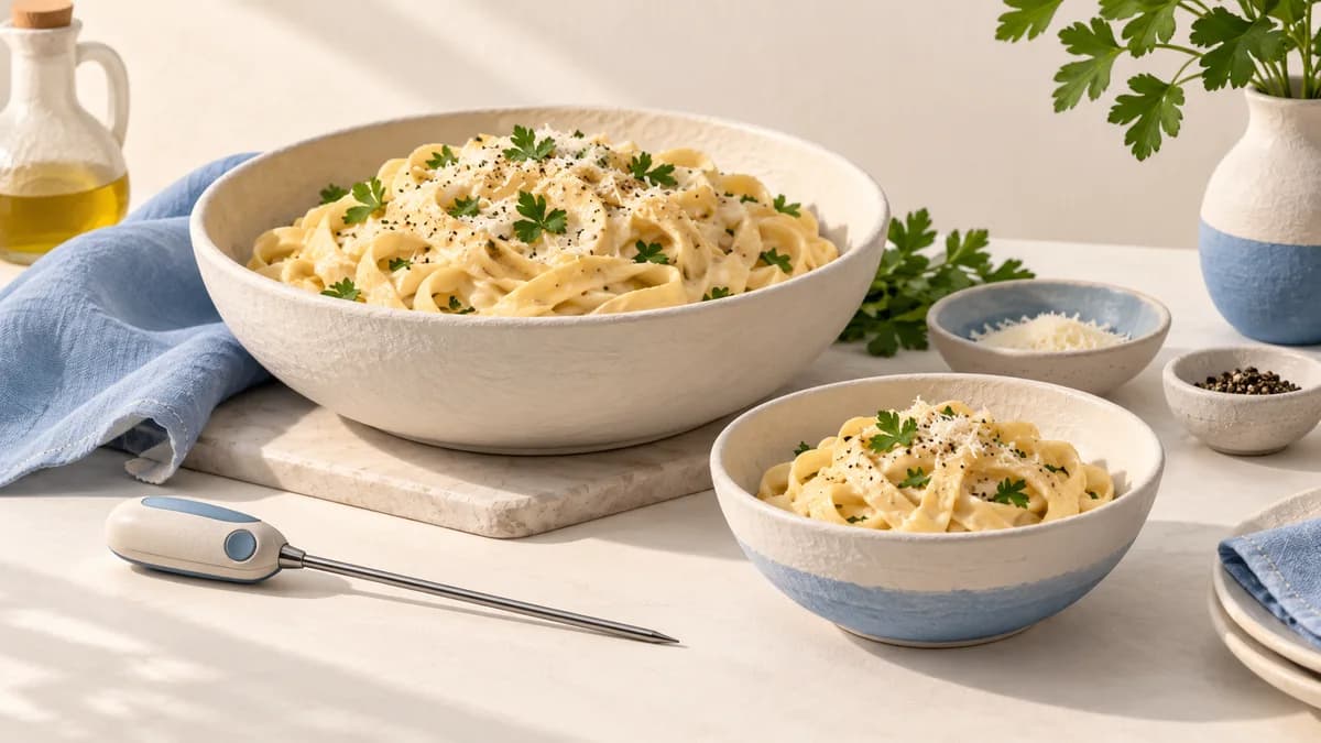 Illustration: Two portions of pasta beside a food thermometer with a blank display.