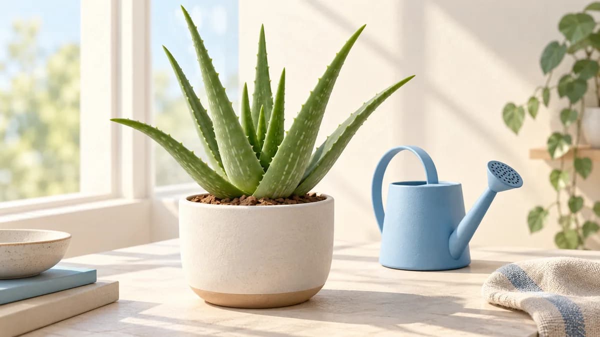 Illustration of potted aloe by a bright window with a watering can nearby