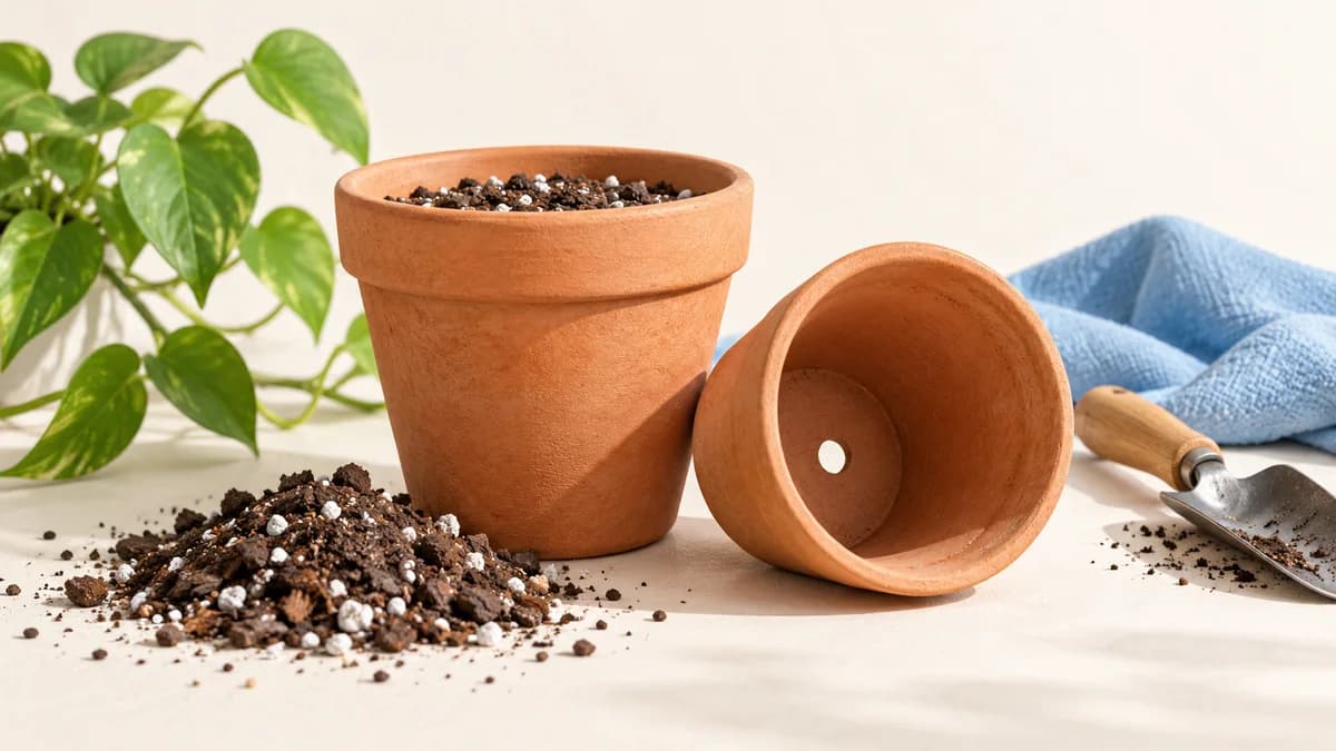Illustration of terracotta pots with a visible drainage hole