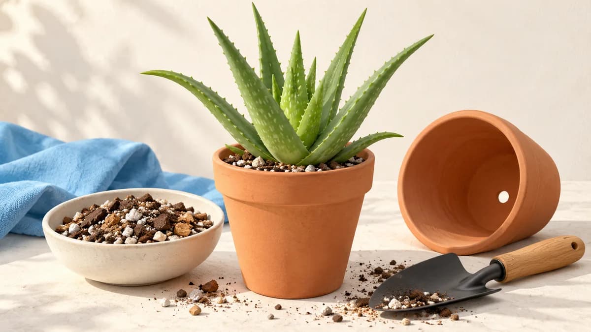 Illustration of aloe, terracotta pots, gritty mix and a trowel