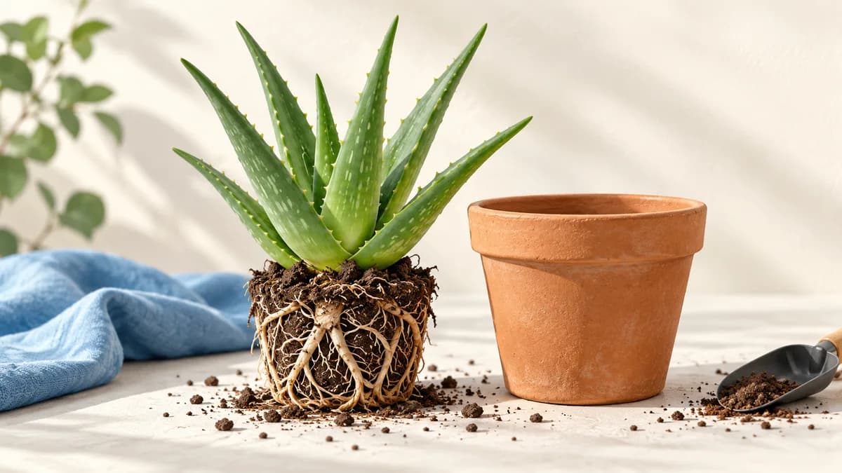 Illustration of aloe rootball beside an empty pot