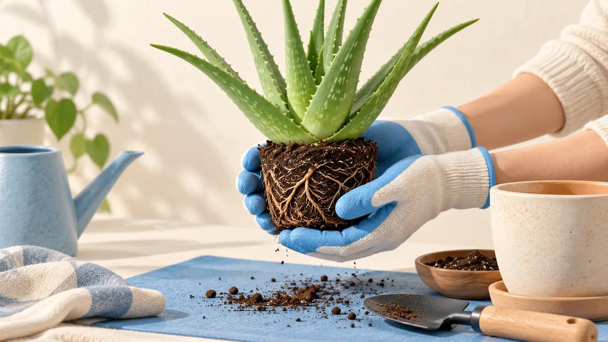 Illustration of gloved hands supporting an aloe rootball