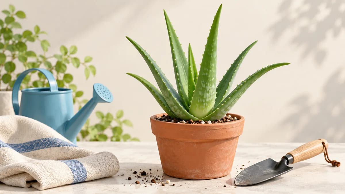 Illustration of aloe upright above the mix in a terracotta pot