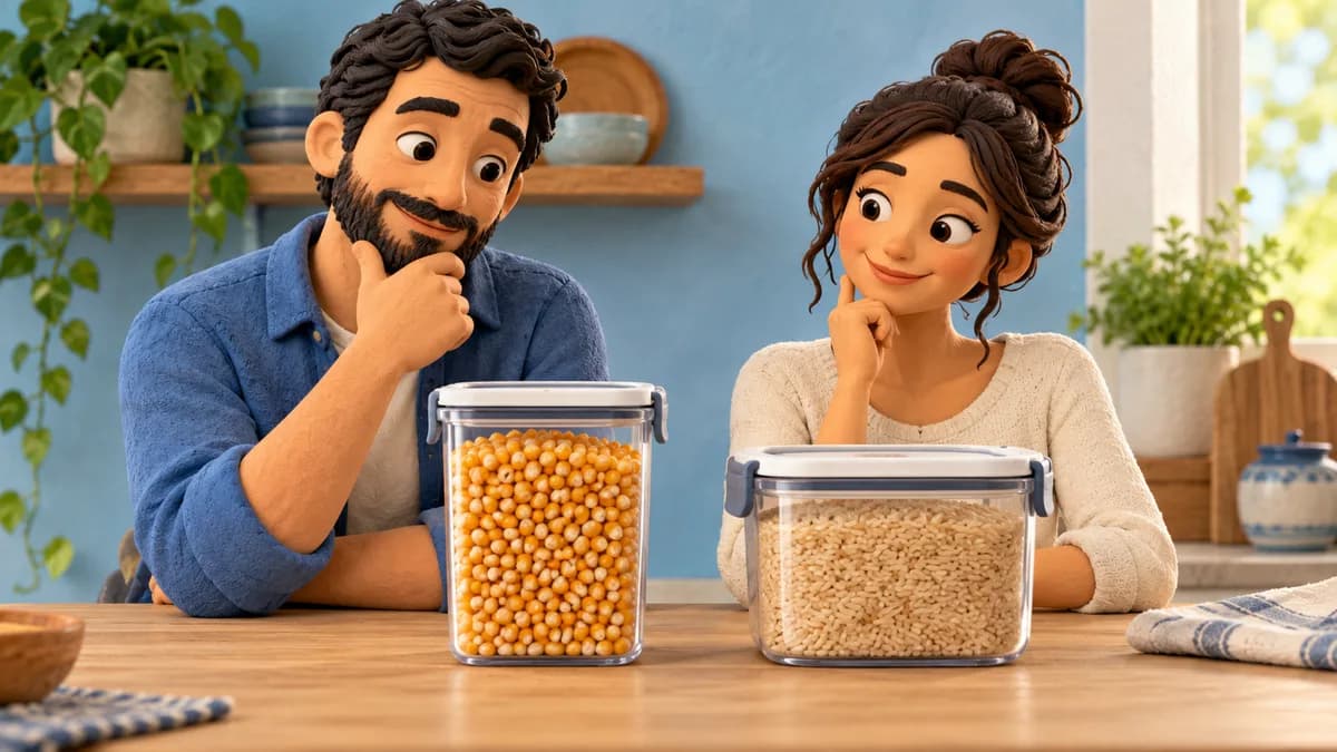 Two people compare closed food-storage containers holding kernels and grain.