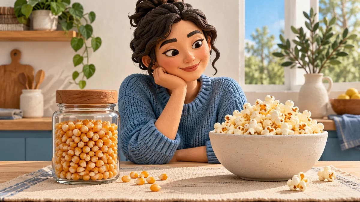A person sits beside a closed jar of kernels and a bowl of popped corn.