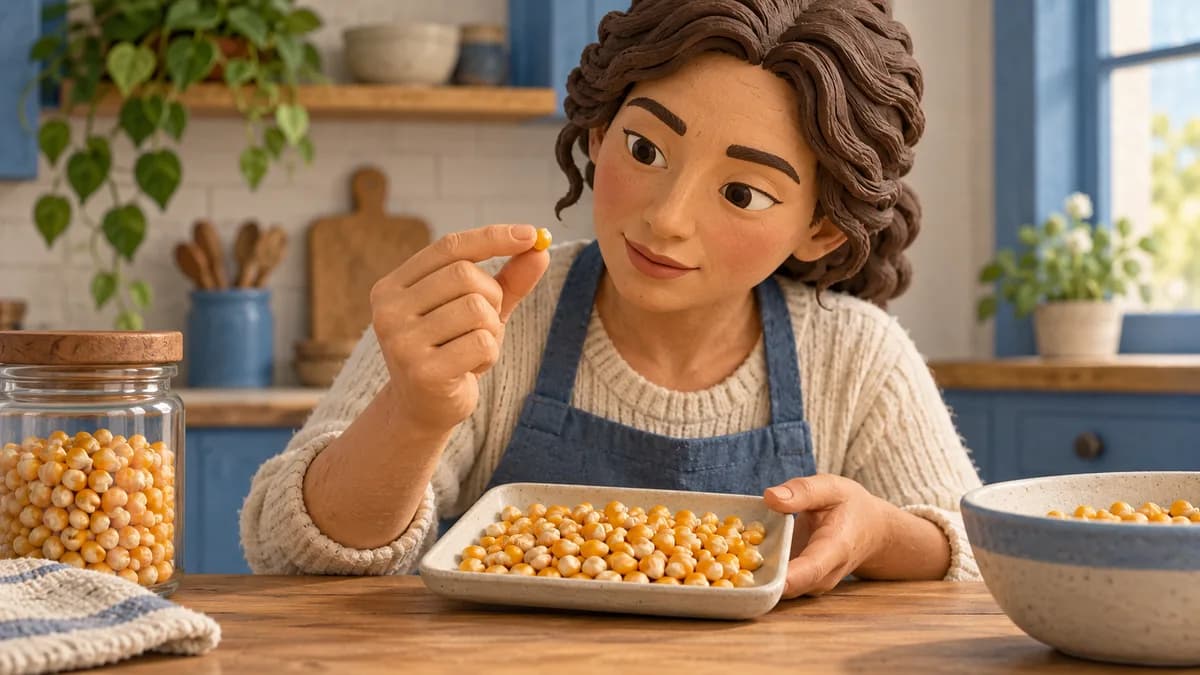 A person examines a single kernel above a tray of unpopped corn.