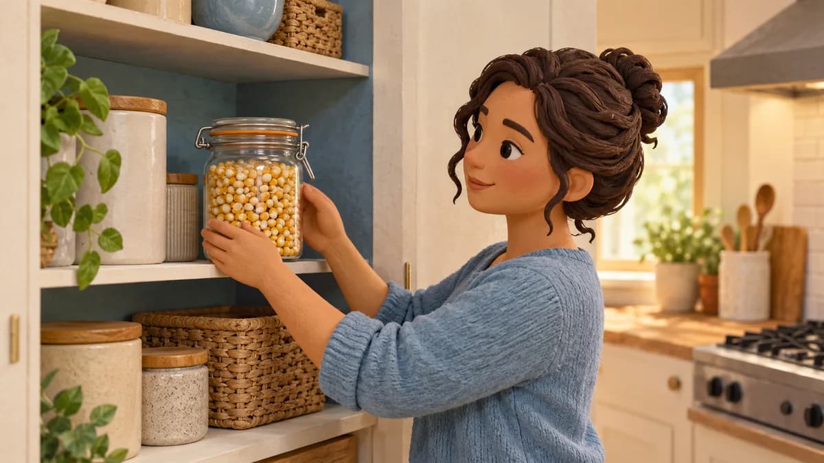 A person places a closed jar of kernels on a cupboard shelf.