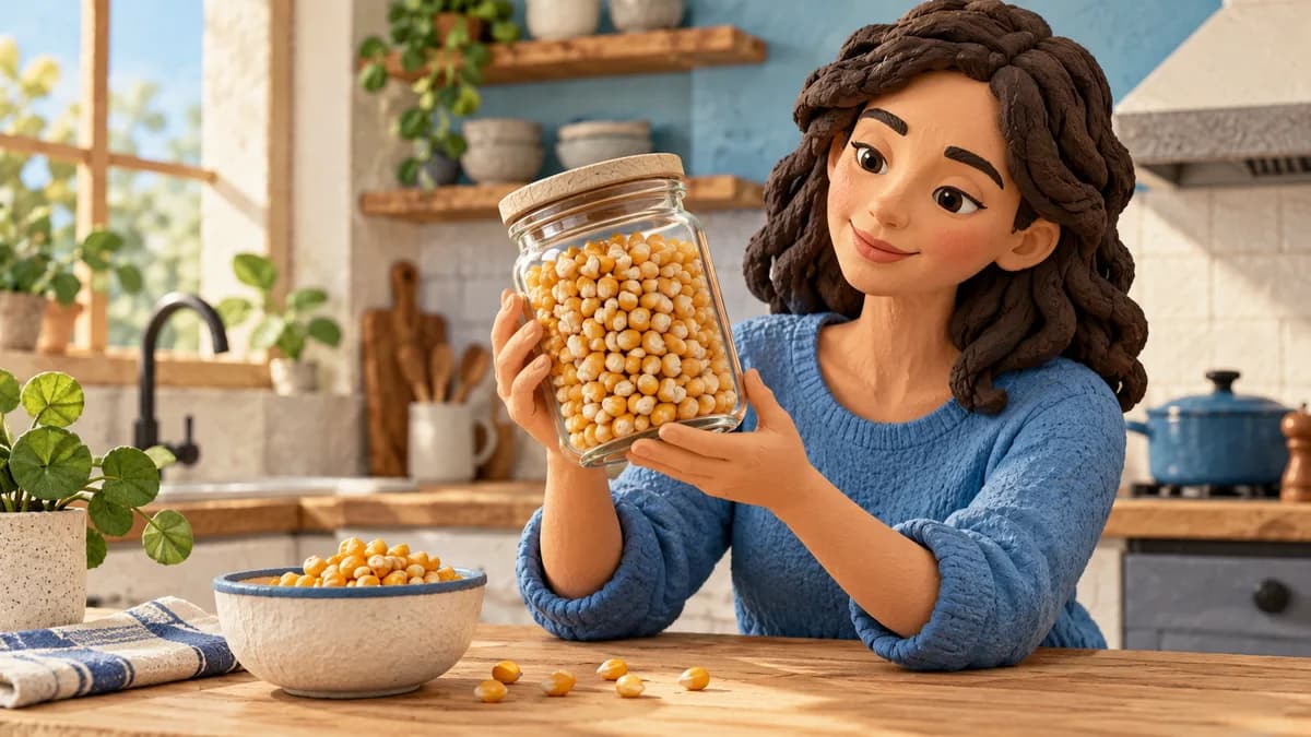 A person examines a closed glass jar of popcorn kernels in a kitchen.