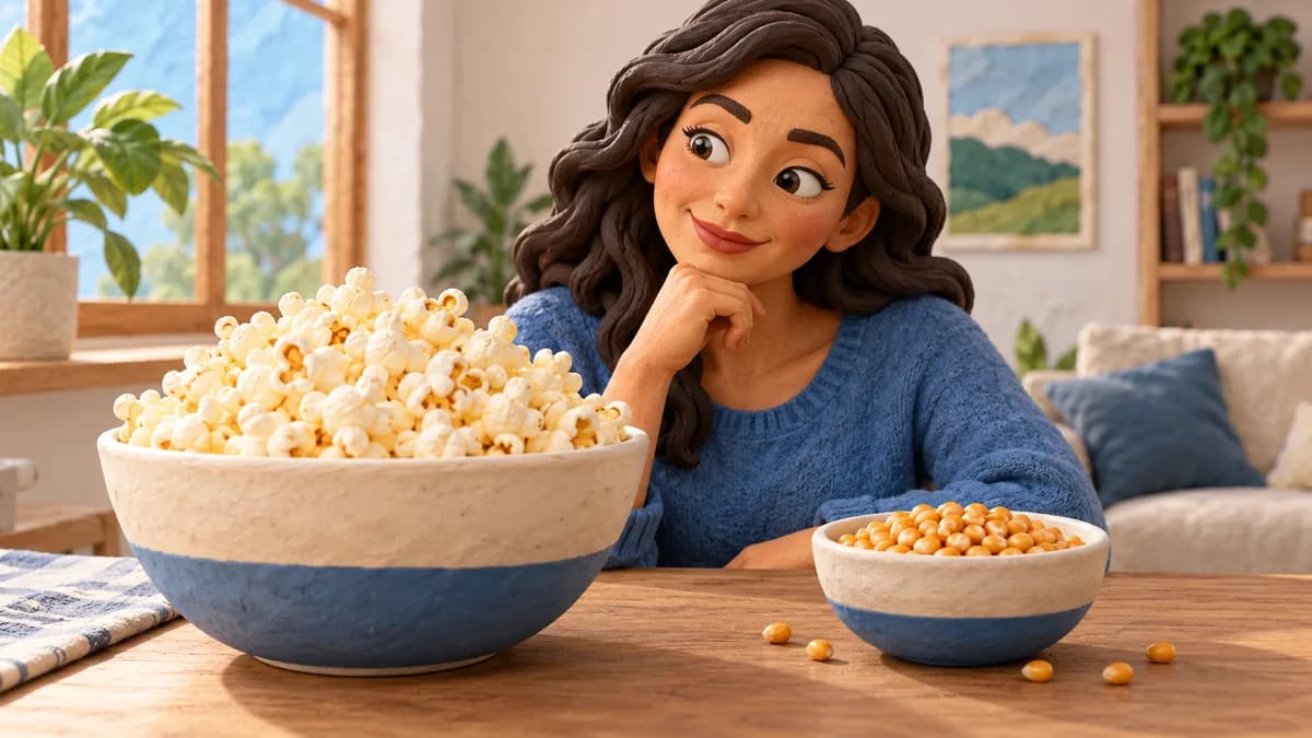 A person compares a bowl of popped corn with a smaller bowl of kernels.