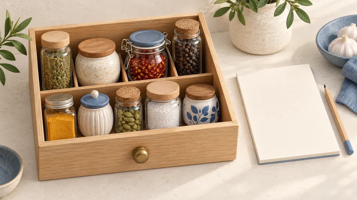 Illustration: A small wooden spice drawer beside a blank shopping list and pencil.
