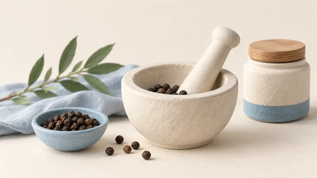 Illustration: Peppercorns in a mortar and blue dish beside a closed spice jar.