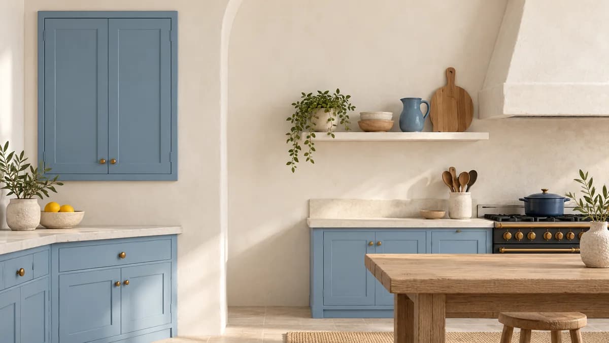 Illustration: Blue kitchen cupboards separated from the stove and cooking area.