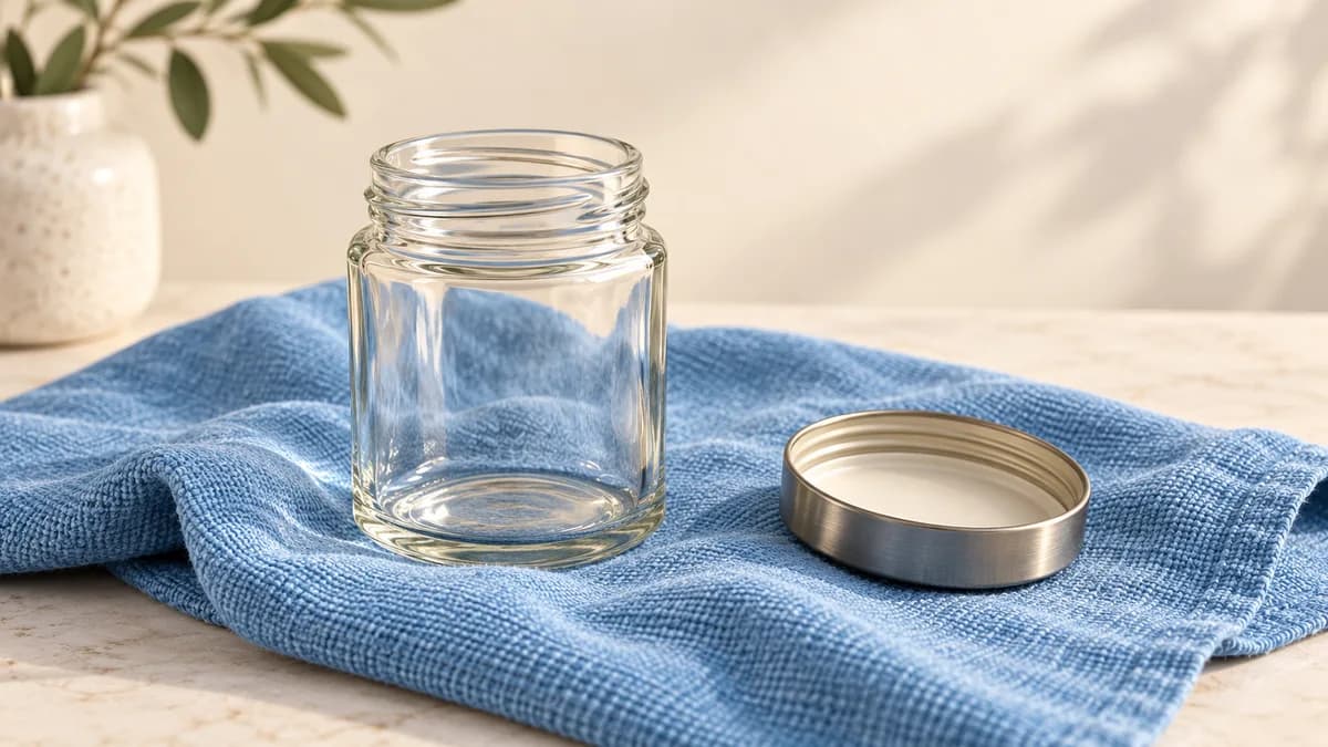 Illustration: An empty glass spice jar and its metal lid on a blue cloth.
