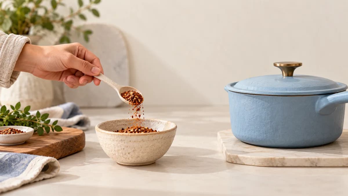 Illustration: A hand measuring spice into a small bowl away from a covered saucepan.