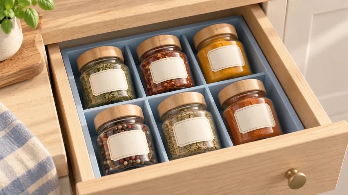 Illustration: A wooden drawer containing six closed spice jars with blank labels.