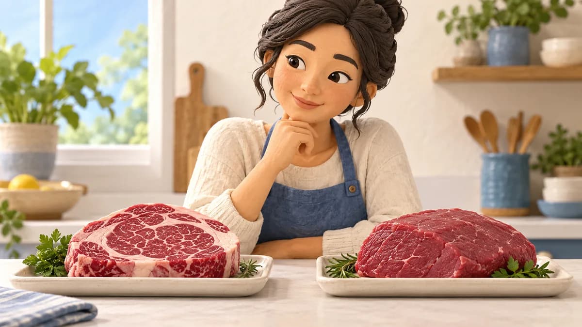 Illustration: cook comparing a marbled steak and a leaner whole cut on separate plates