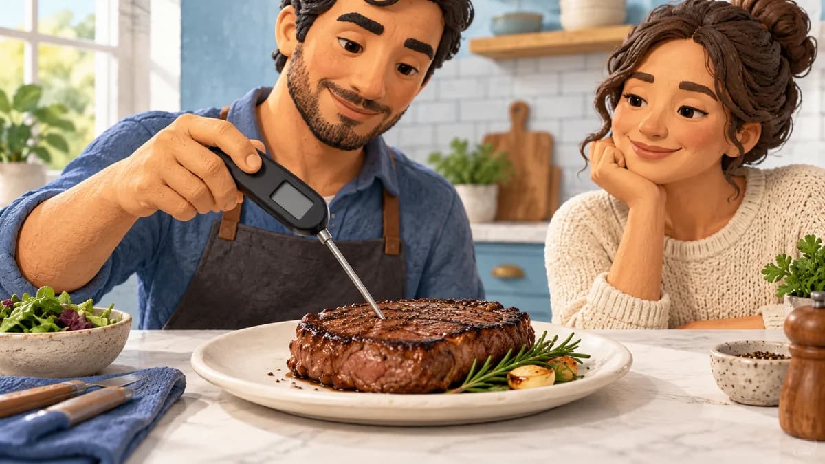 Illustration: person checking a thick cooked steak with a probe thermometer while another watches