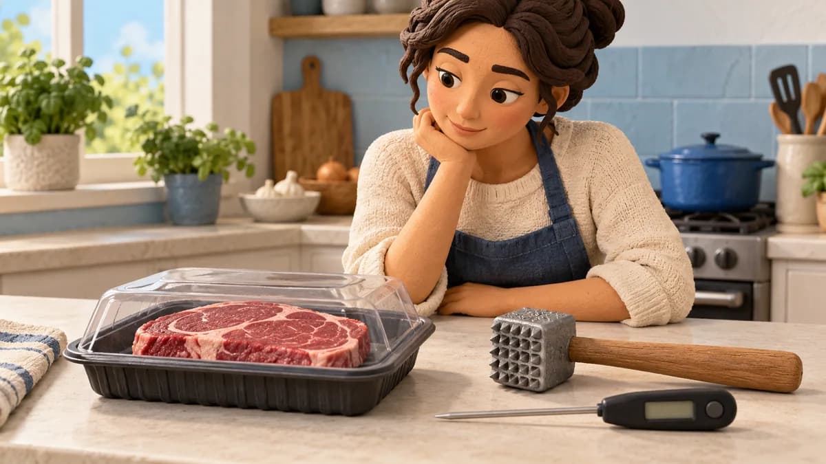 Illustration: cook considering packaged steak beside a meat mallet and digital thermometer
