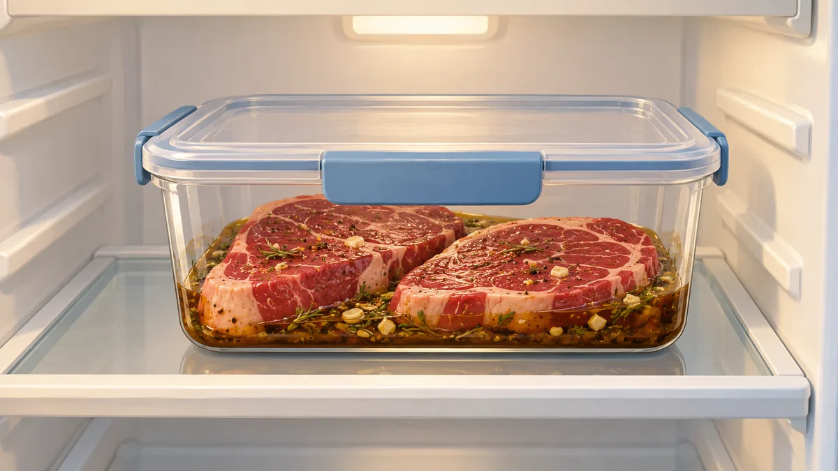 Beef steaks in a closed marinade container on a refrigerator shelf.
