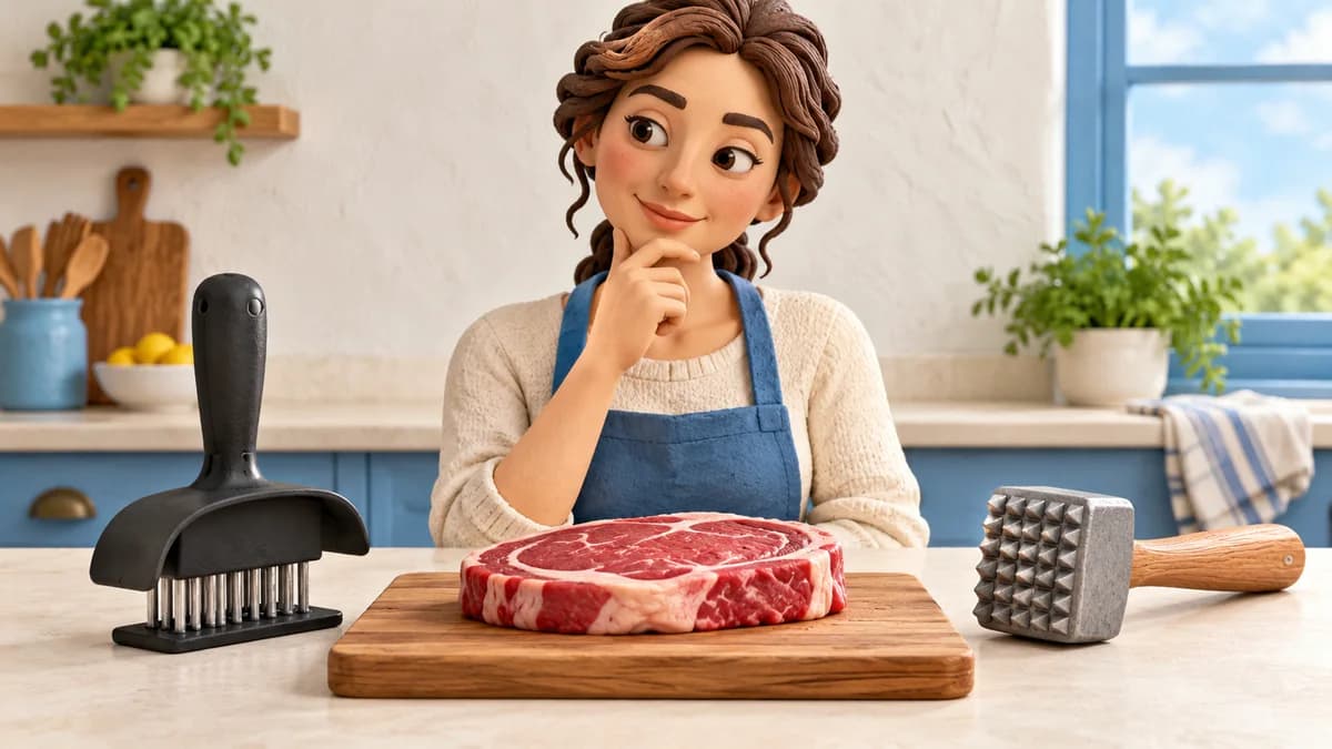 Illustration: cook comparing a guarded piercing tenderizer and textured mallet beside an intact steak