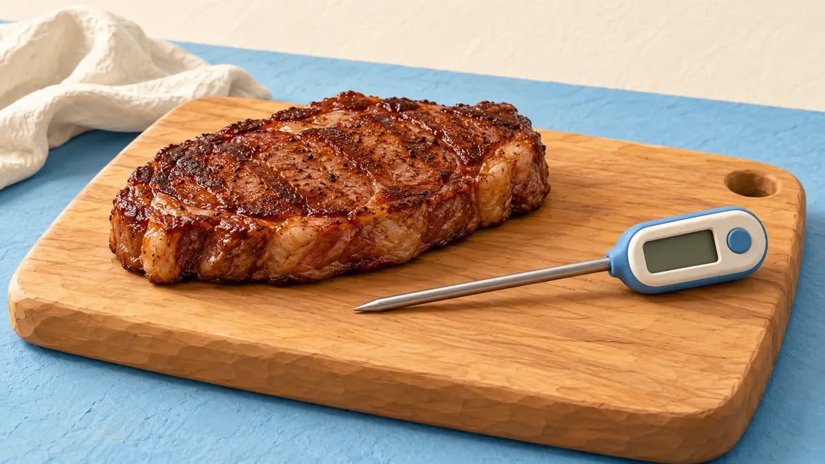 A cooked steak rests on a board beside a food thermometer.