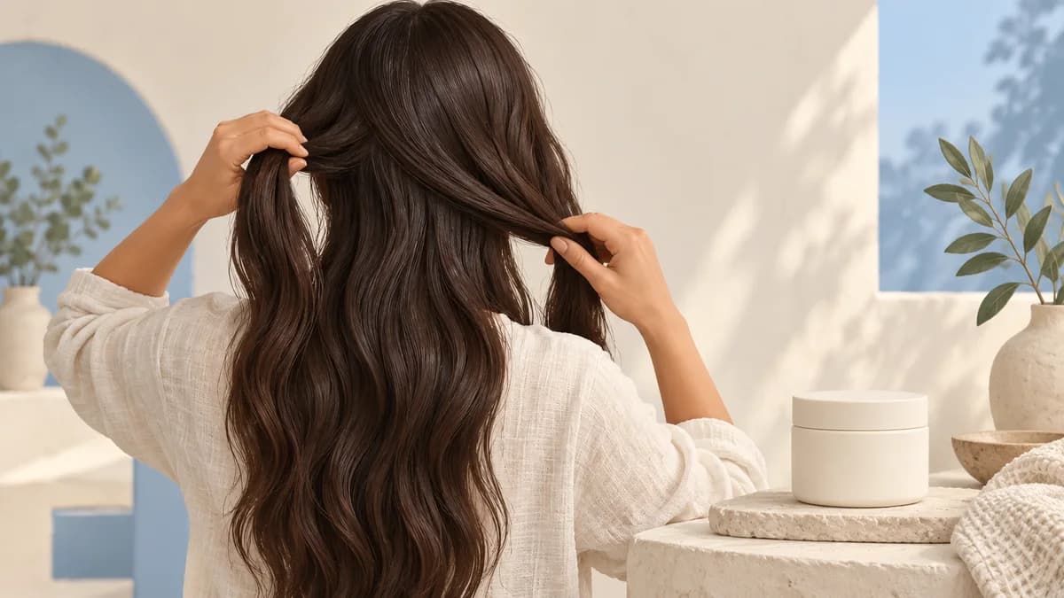 An adult separates long hair into sections beside a treatment jar.