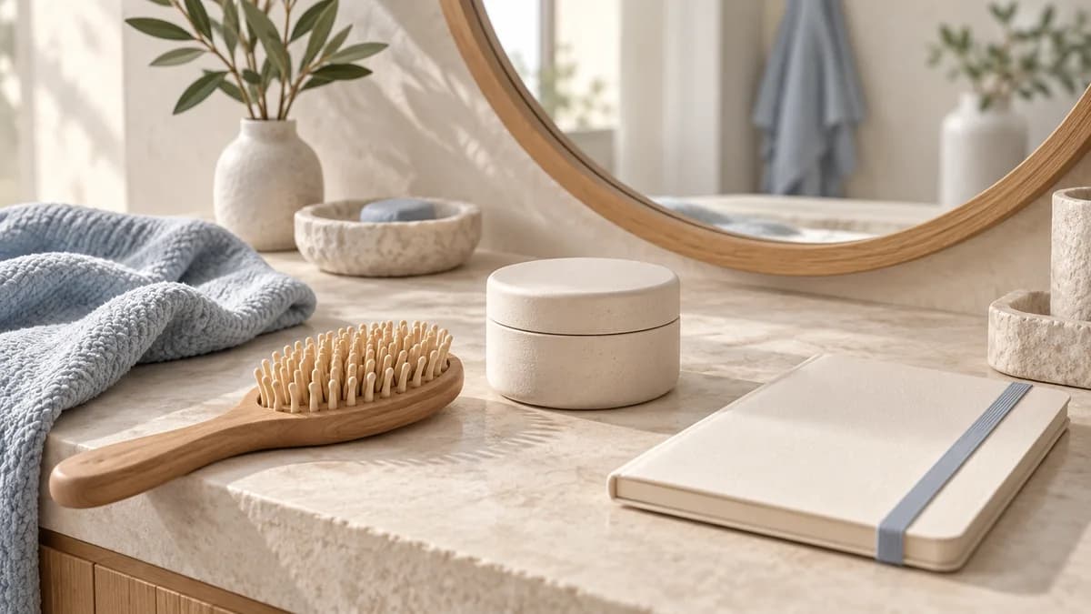 A hairbrush, closed treatment jar and notebook beside a bathroom mirror.