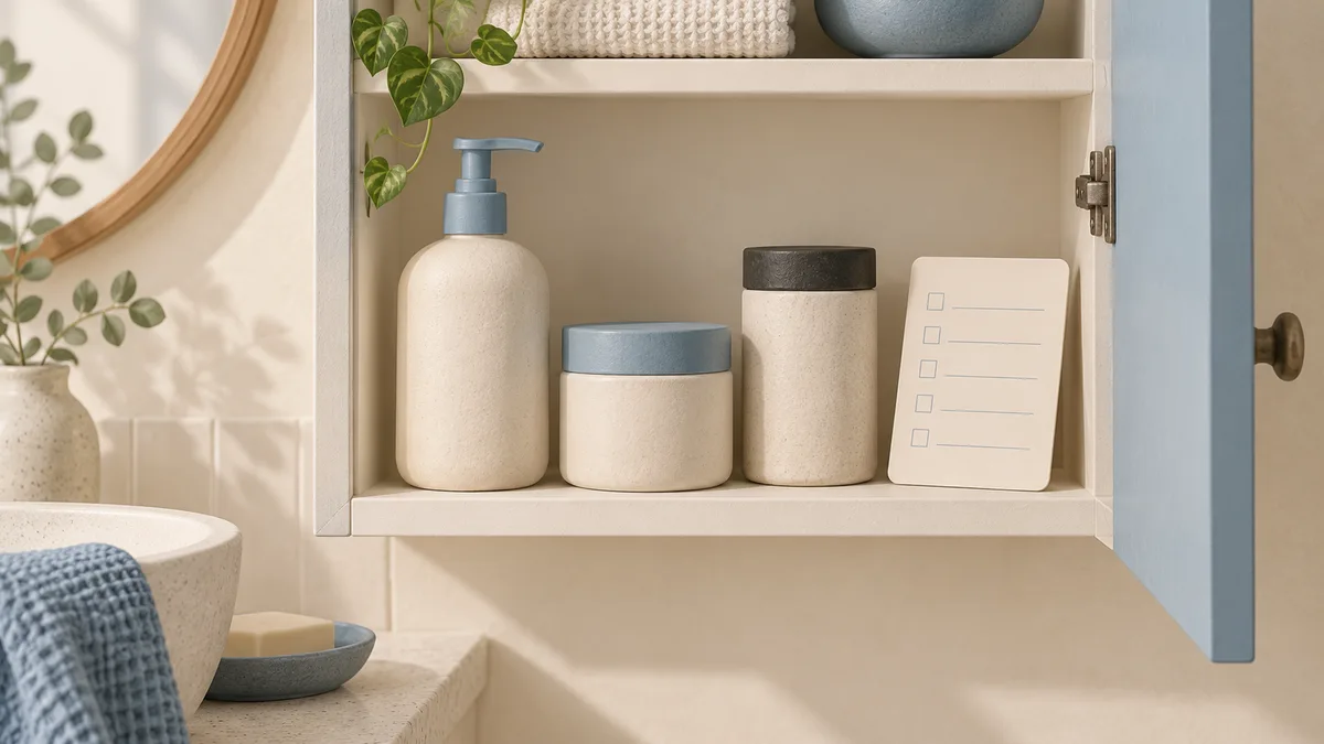 Plain haircare containers and a small checklist inside a bathroom cabinet.