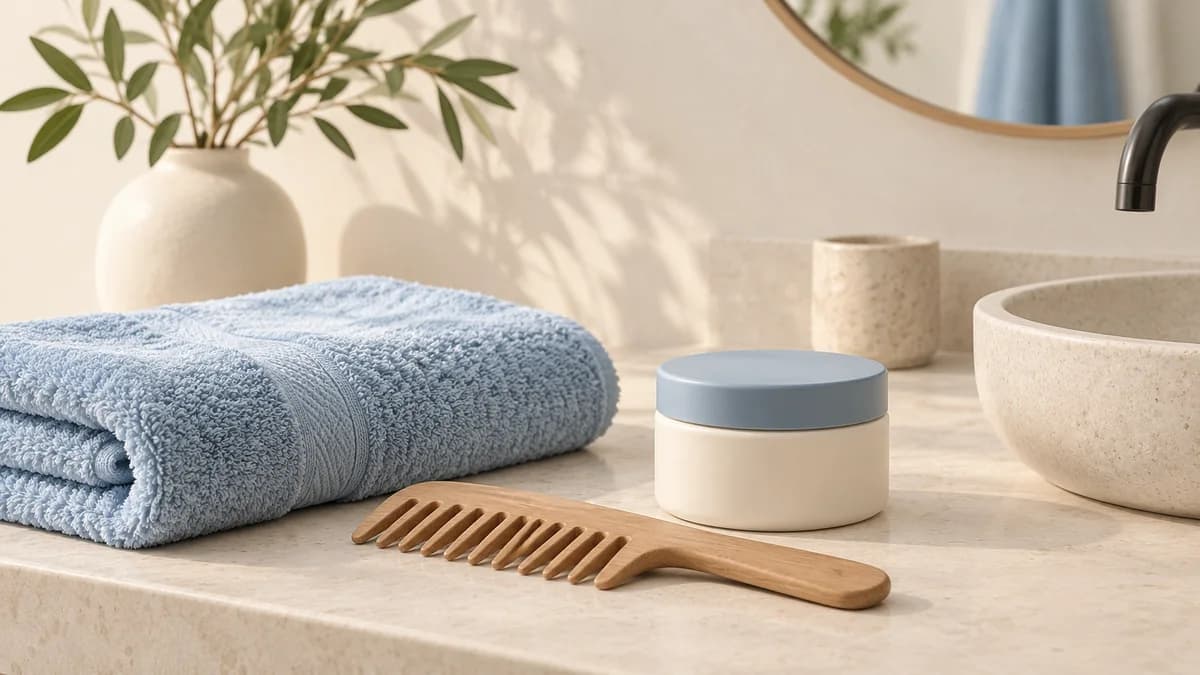 A treatment jar, comb and folded blue towels on a bathroom counter.