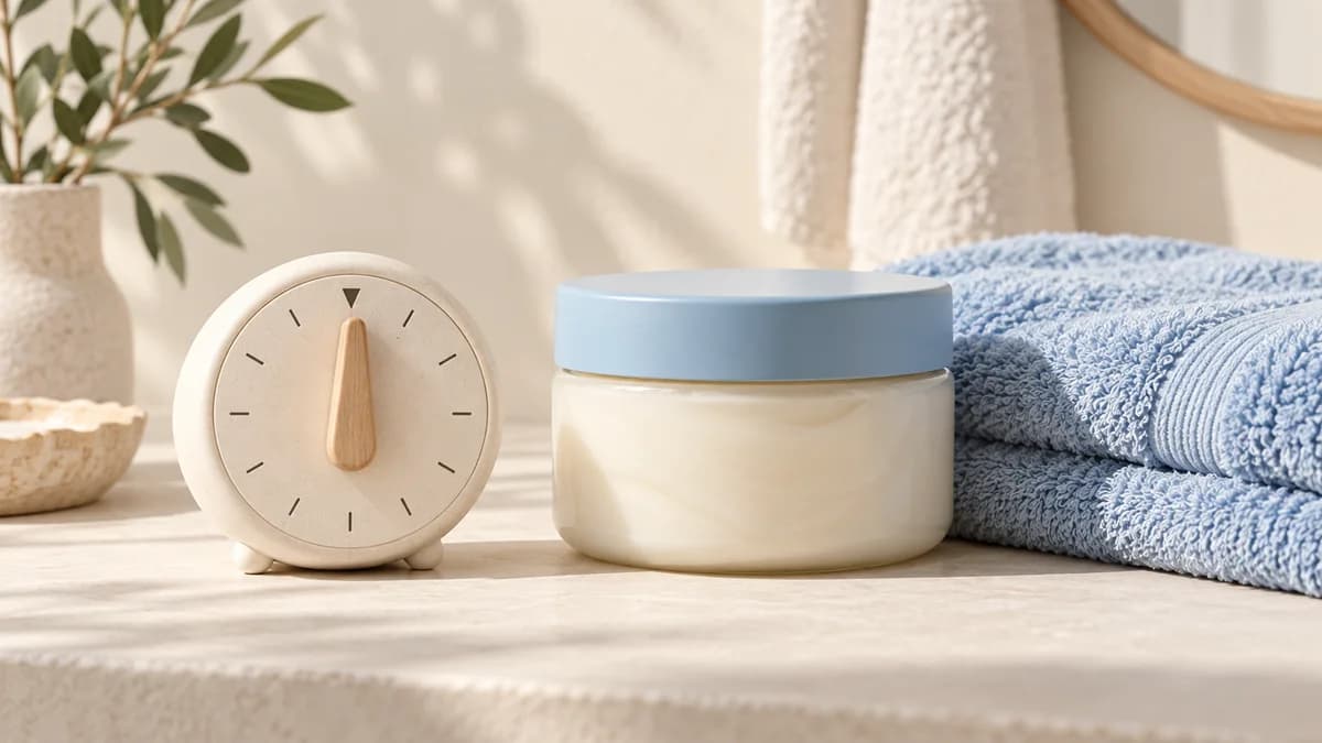 An analog timer beside a treatment jar, small cream dish and folded towel.