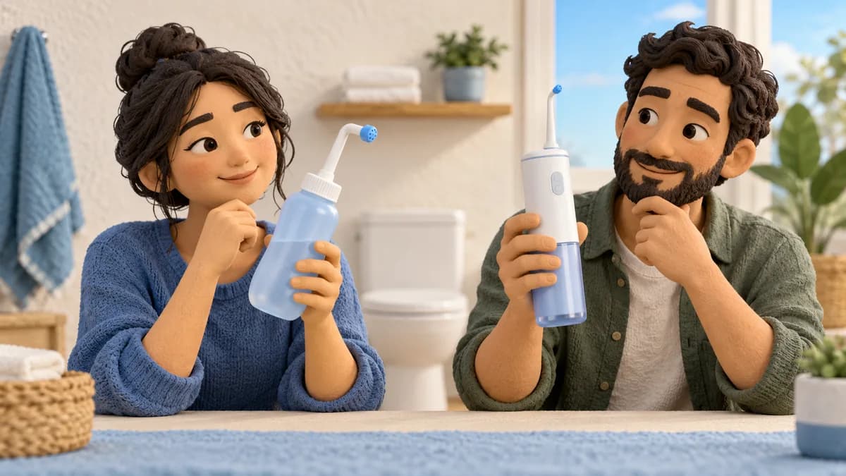 Two adults compare squeeze and powered portable bidet formats.