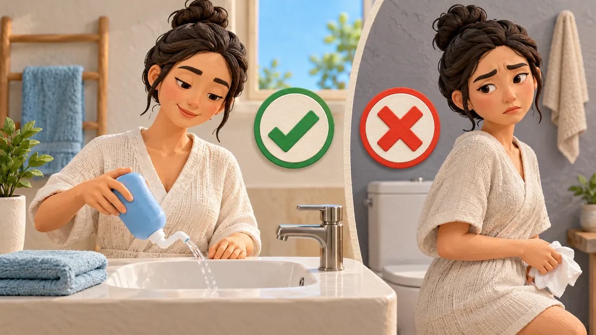 An adult washes her hands at a bathroom sink.