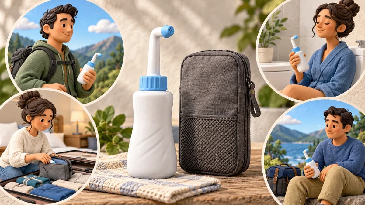 Portable bidet equipment and a travel pouch with adults in travel settings.
