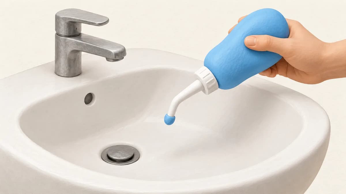 A hand holds a squeeze bidet bottle with its nozzle directed into an empty sink.