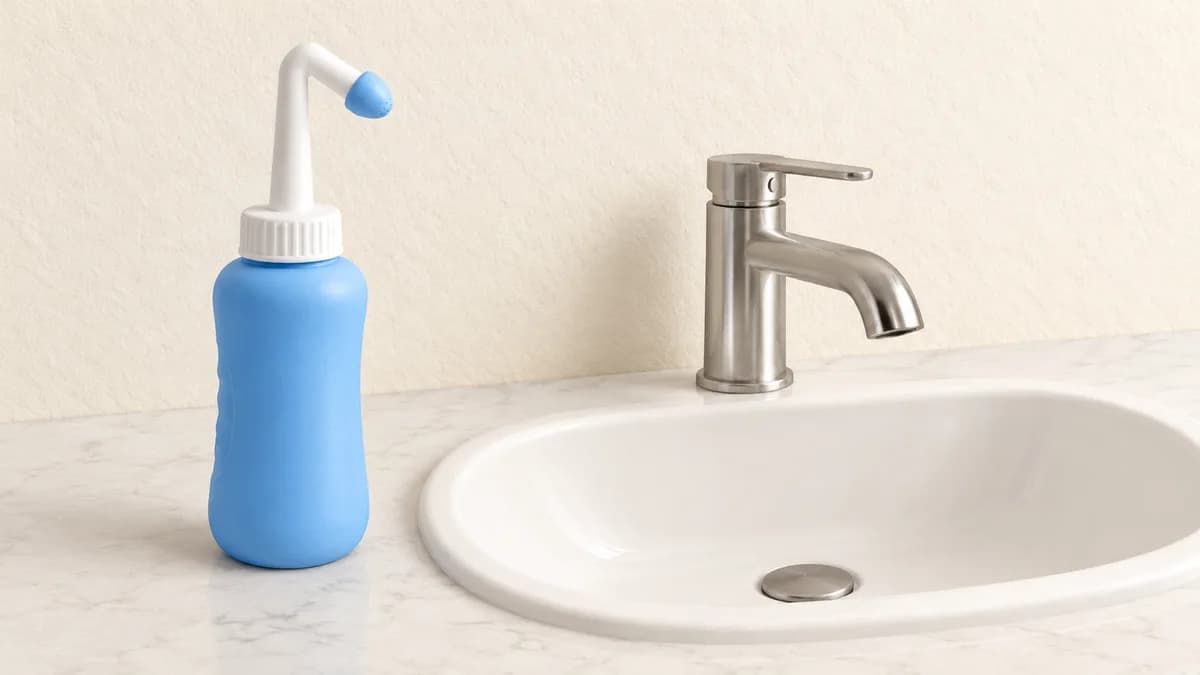 A clean squeeze bidet bottle stands beside a sink and faucet.