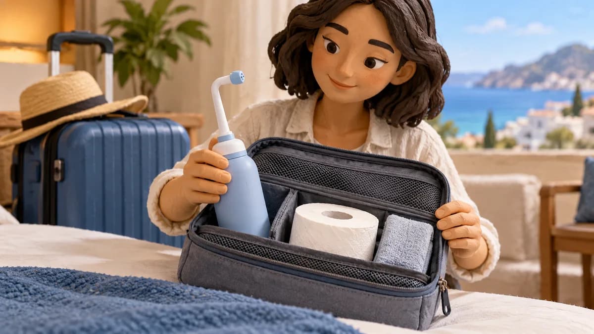 A woman packs a portable bidet in a travel bag.