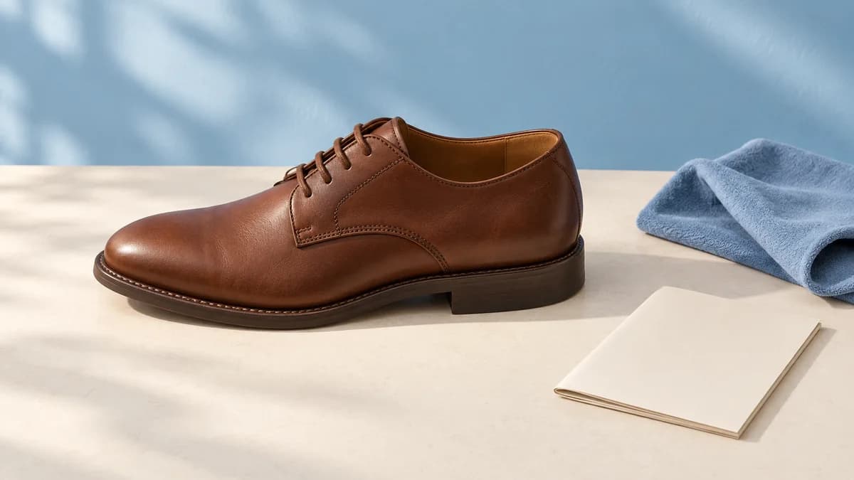 A leather lace-up shoe beside a blank notebook and folded cloth.