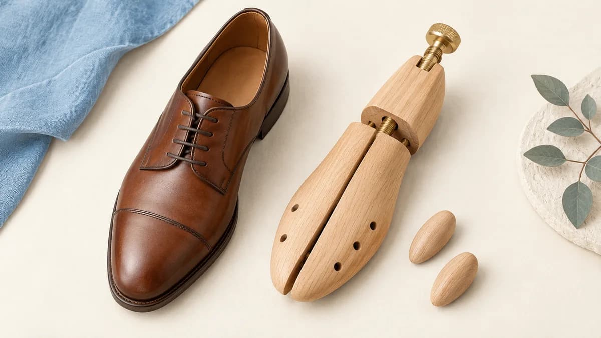 A brown lace-up shoe beside a closed wooden stretching tool and two spot plugs.