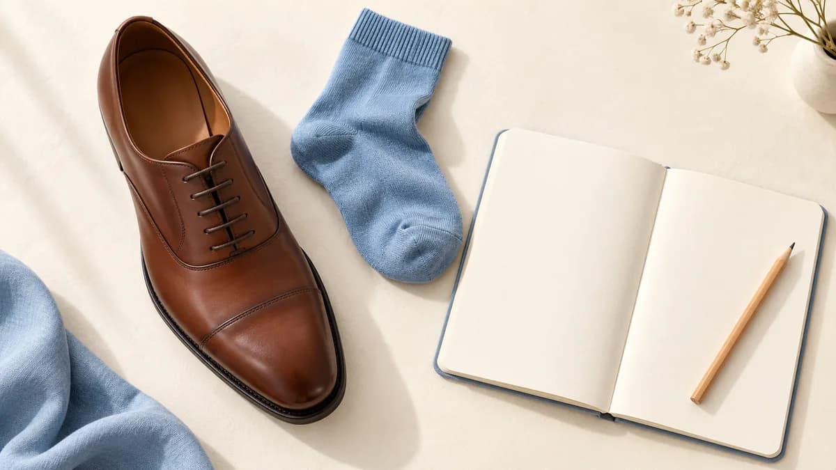 A leather shoe, blue sock and open notebook viewed from above.