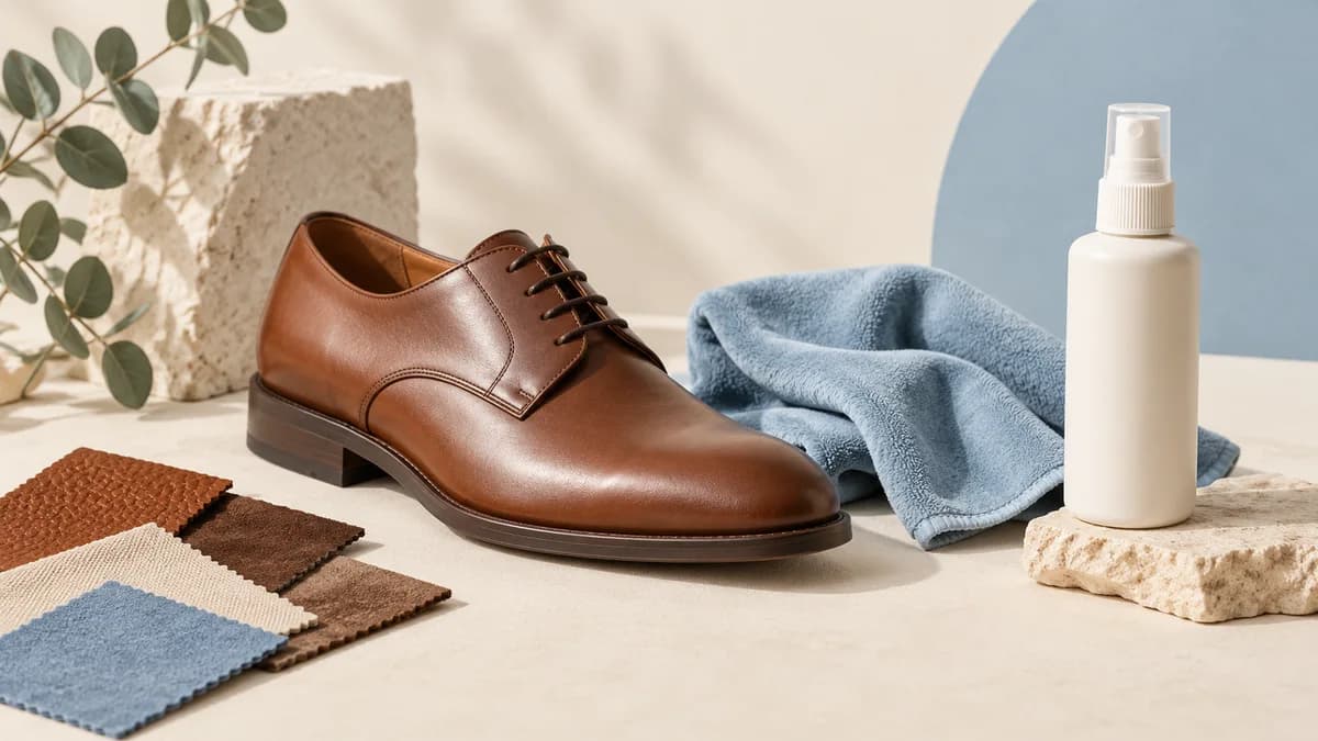 A leather shoe, plain spray bottle and material samples beside a blue cloth.