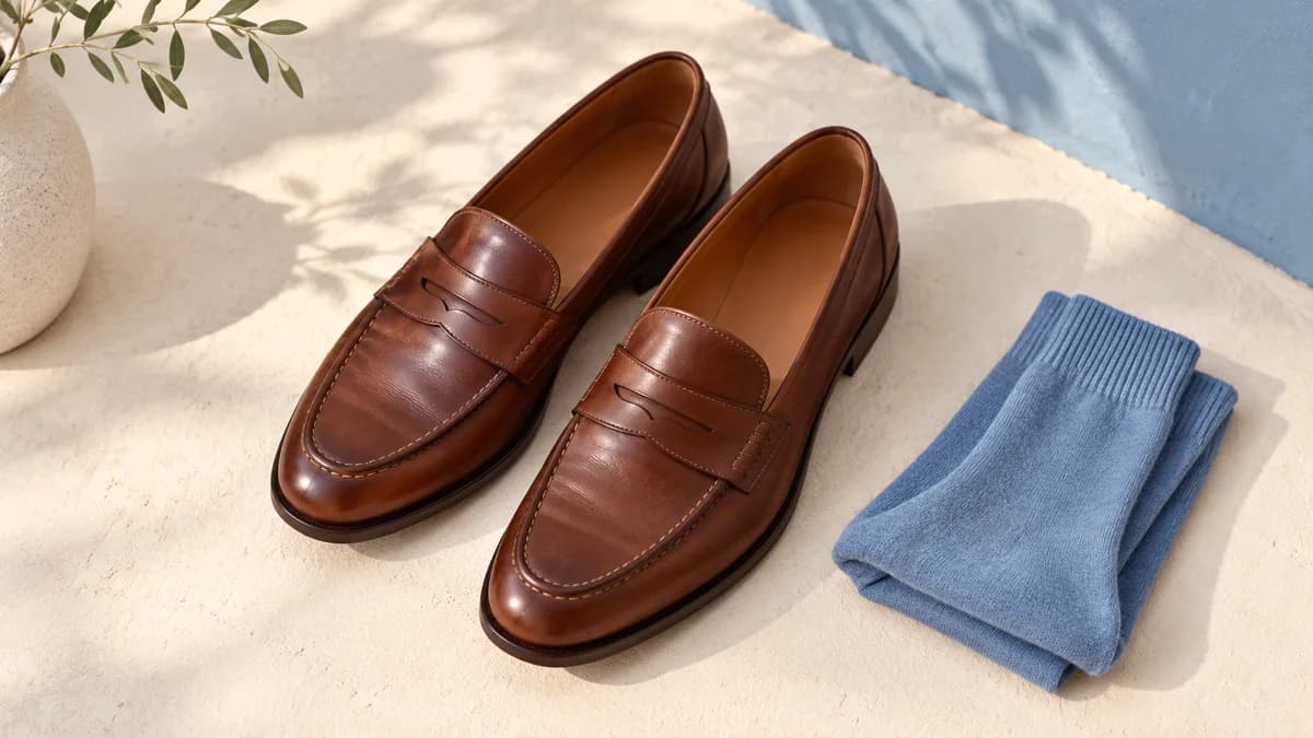 A pair of leather loafers beside folded blue socks.