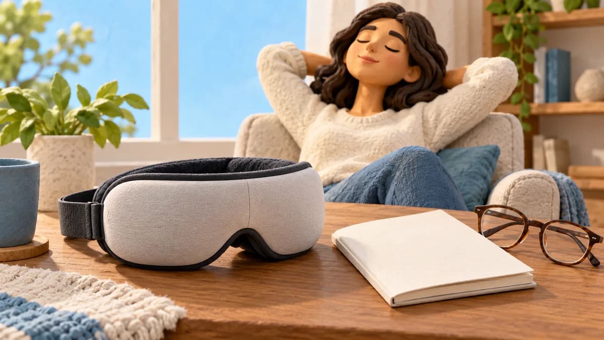 A resting eye-massager device beside a manual and glasses.