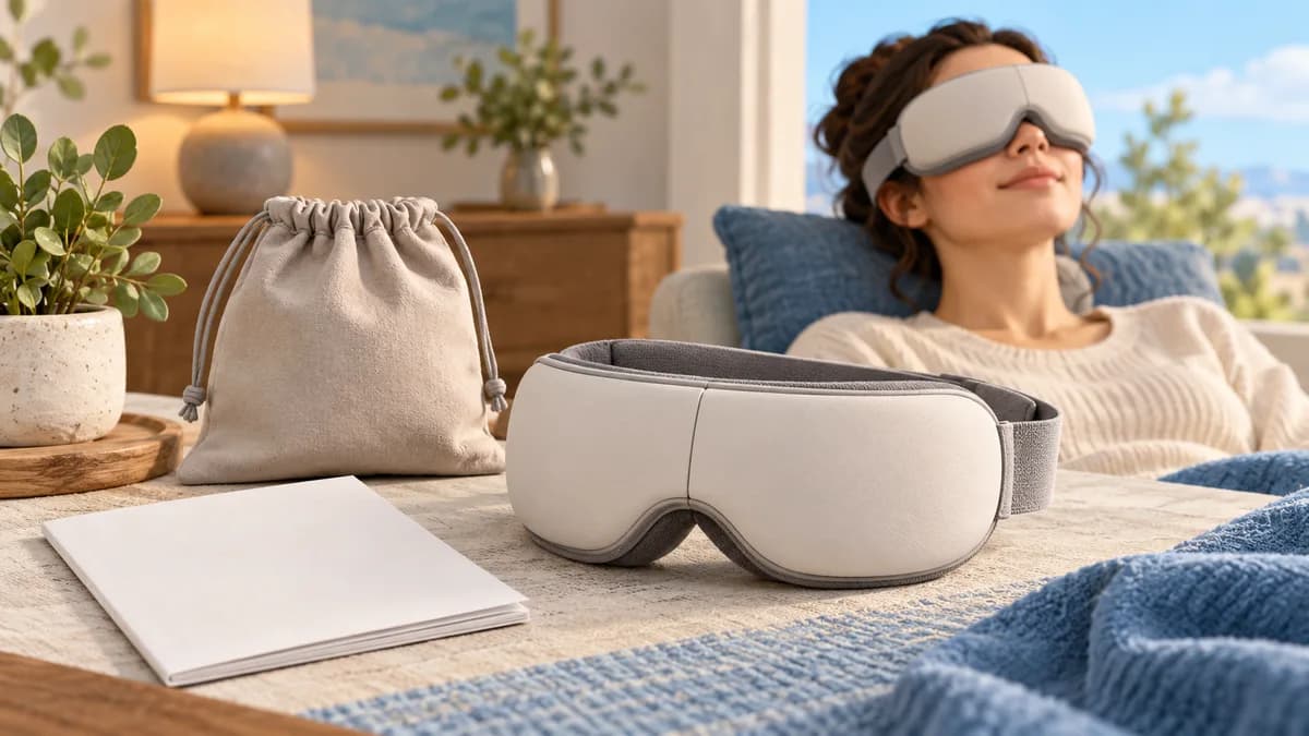 An eye-massager device and storage pouch beside a seated adult.