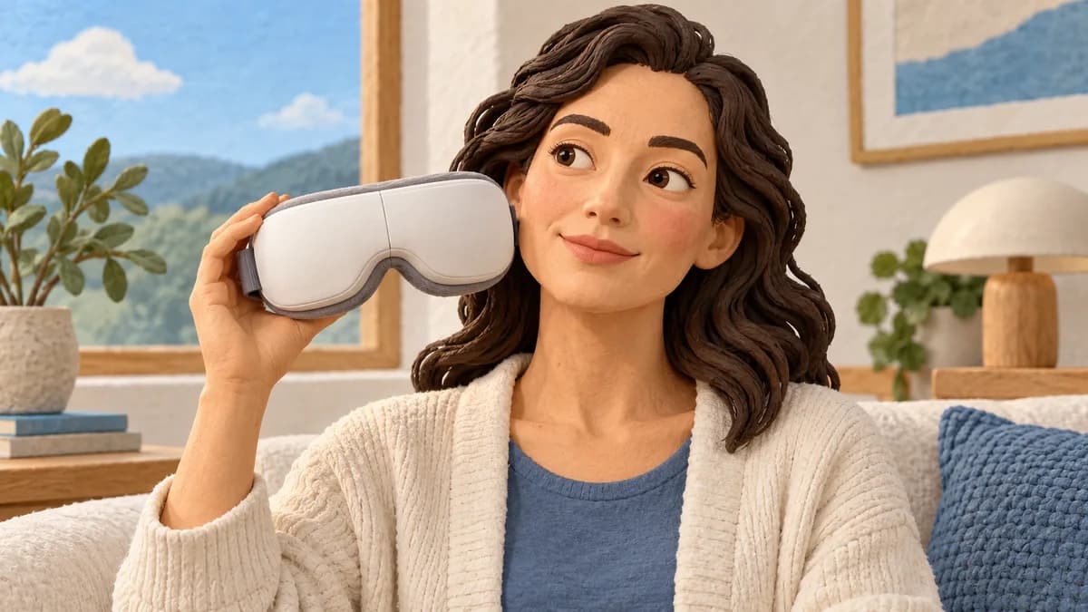 A woman holds an eye-massager device beside her face before fitting it.