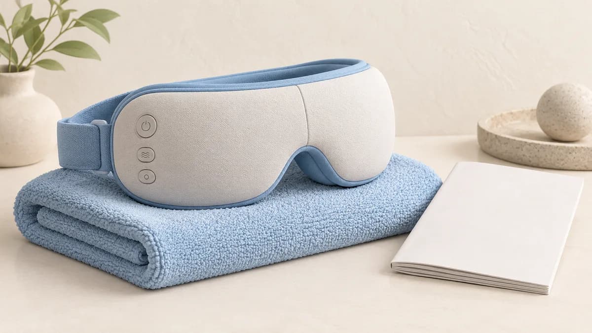 An eye-massager device with visible controls beside an instruction booklet.