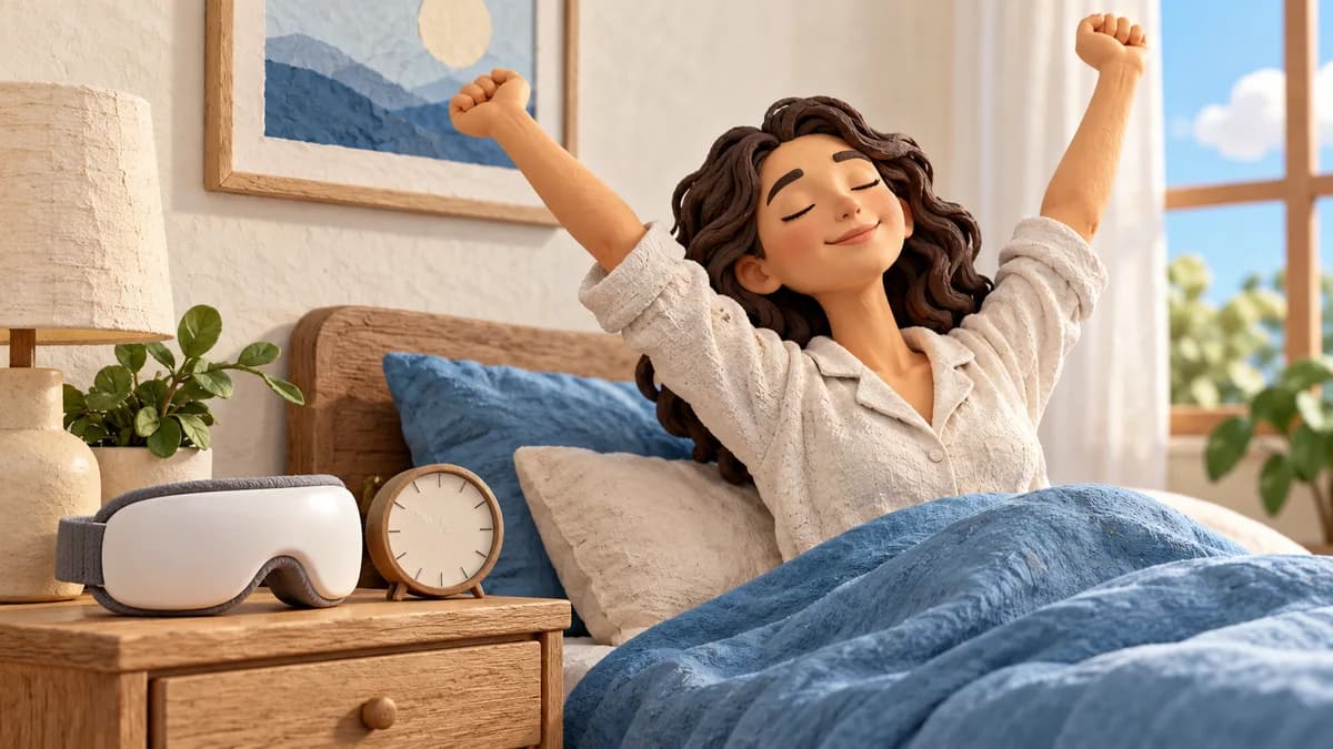 An eye-massager device and timer beside an awake adult.