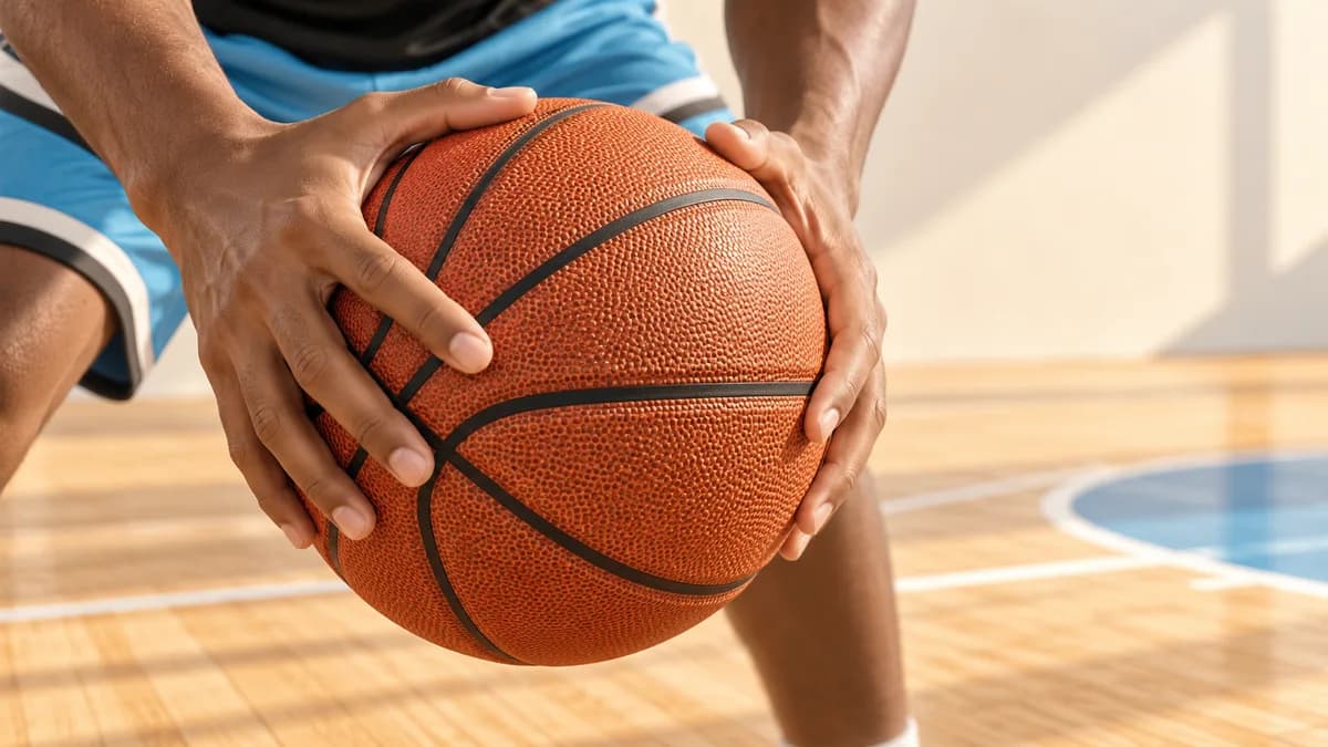 Illustration of hands gripping a basketball above an indoor court